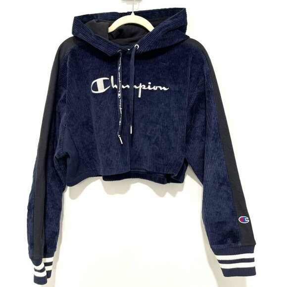 Champion Tops - Champion Womens Reverse Weave Cropped Hoodie Navy/Black Size Small